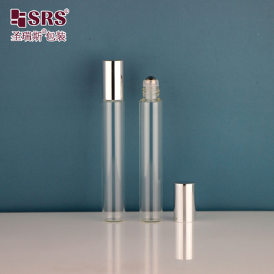 15 mm de diâmetro tubo tubo vidro 10 ml rolos de bolas de aço inoxidável em garrafa com tampa de alumínio de metal brilhante para óleos essenciais embalagem de perfumes vazios