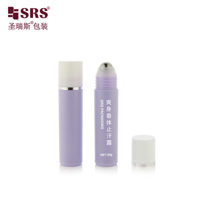 RPP-30ml Injeção Roxa Brilhante Matte Finished White Cap Com Estampagem Anel Prateado Bola de Aço Massagem de Cabelos Serum Botão Roller