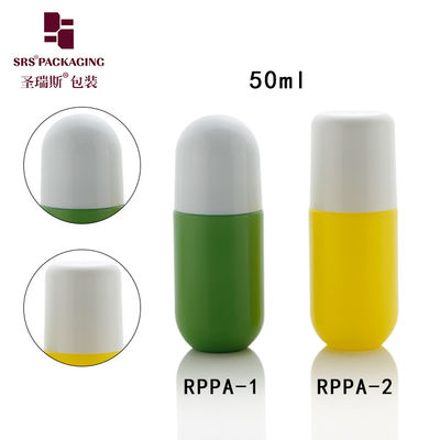 Forma de pílula plástico bonito e vazio por atacado cor verde personalizada 50 ml rolo em garrafa